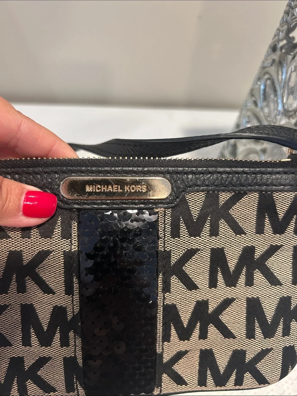 Michael Kors Black and Beige Logo Sequin Wristlet